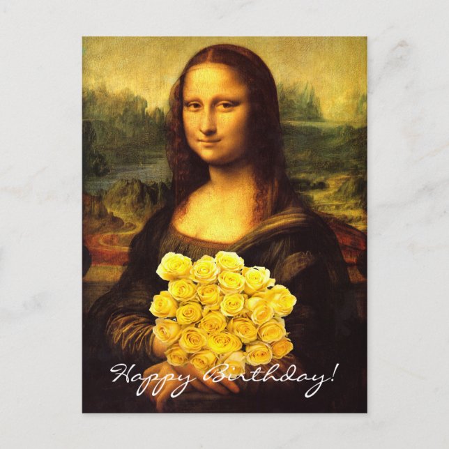 Cartão Postal Mona Lisa Com Buquê De Rosas Amarelas (Frente)