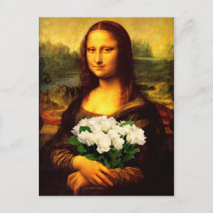 Cartão Postal Mona Lisa Com Buquê De Rosas Brancas