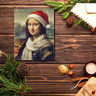 Cartão Postal Mona Lisa de chapéu de Papai Noel - vibrações fest