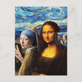 Cartão Postal Mona Lisa e uma garota tirando uma selfie