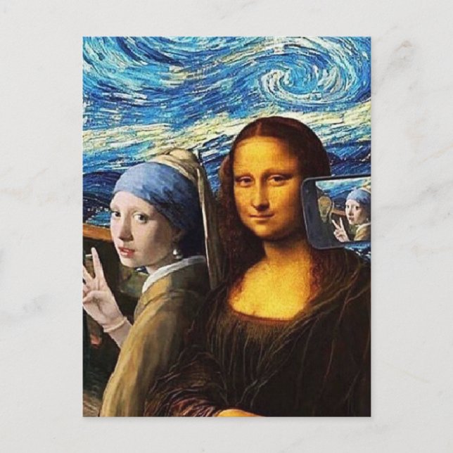 Cartão Postal Mona Lisa e uma garota tirando uma selfie (Frente)