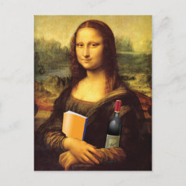 Cartão Postal Mona Lisa engraçada com vinho e livro