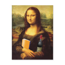 Mona Lisa engraçada com vinho e livro