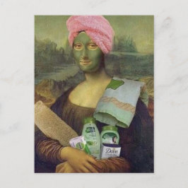 Cartão Postal Mona Lisa engraçada fazendo o Skincare Leonardo da