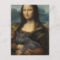 Mona Lisa segurando gato cinza elegante