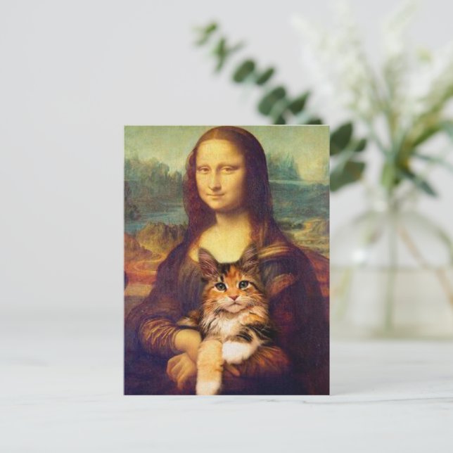 Cartão Postal Mona Lisa segurando o seu gato Leonardo da Vinci (Em pé/Frente)