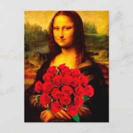 Cartão Postal Mona Lisa segurando rosas vermelhas Leonardo Da Vi