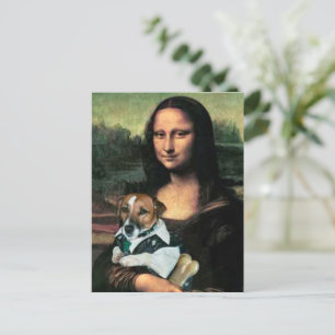 Cartão Postal Mona Lisa segurando seu cachorro e um osso