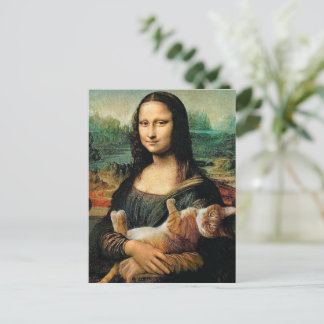 Cartão Postal Mona Lisa segurando seu gato Leonardo da Vinci