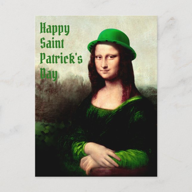 Cartão Postal Mona Lisa St. Patrick's Day Clover (Frente)