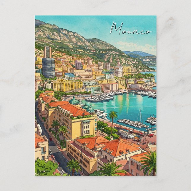 Cartão Postal Mônaco Monte Carlo Europe Viagem Watercolor (Frente)