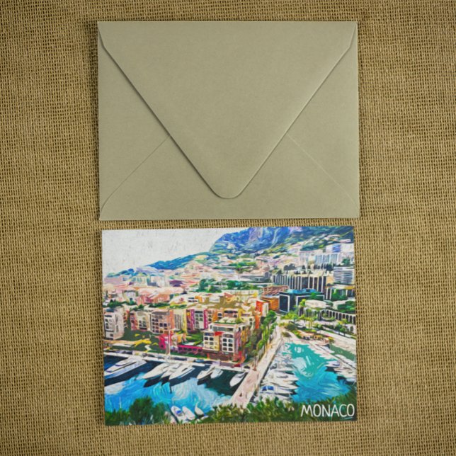 Cartão Postal Mônaco Oil Paint Marina Yacht Port (monaco oil paint panorama view postcard)