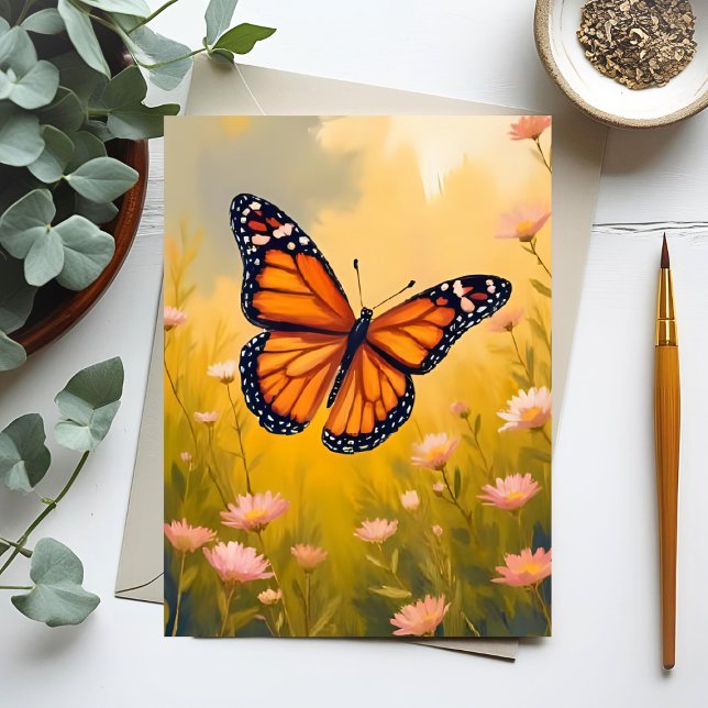 Cartão Postal Monarch Butterfly Garden Watercolor Floral (Criador carregado)