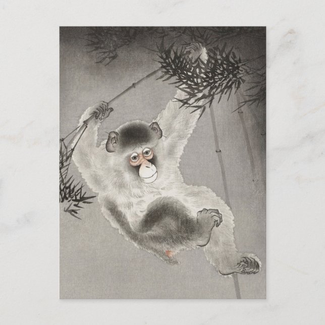 Cartão Postal Monkey Hanging from Bamboo Branch by Ohara Koson (Frente)