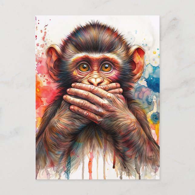 Cartão Postal Monkey Watercolor Fala Sem Arte Mau (Frente)