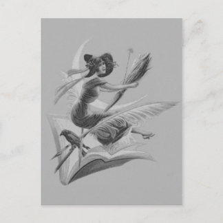 Cartão Postal Monochrome Witch Raven Crescent Moon
