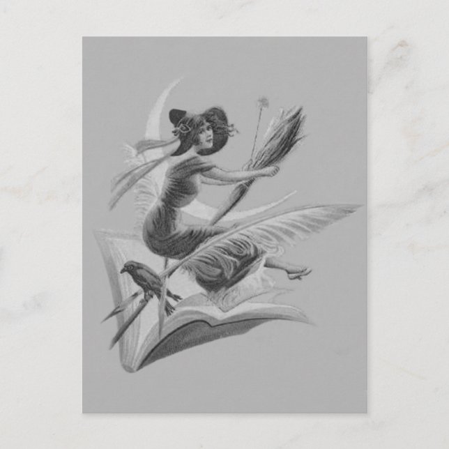 Cartão Postal Monochrome Witch Raven Crescent Moon (Frente)