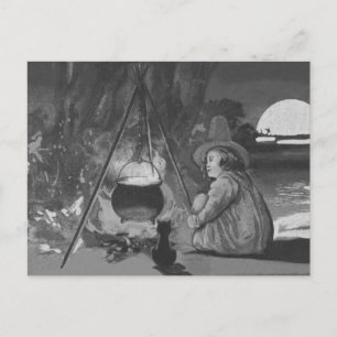 Cartão Postal Monocromático Bruxa Negra Cauldron Lua Cheia