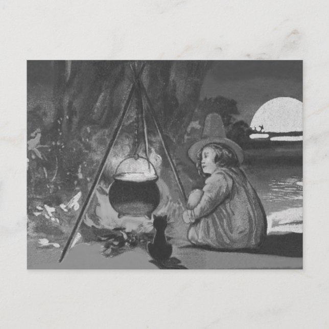 Cartão Postal Monocromático Bruxa Negra Cauldron Lua Cheia (Frente)