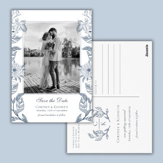 Cartão Postal Monograma 2 Foto Azul Francês Casamento Save The D