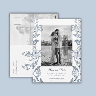 Cartão Postal Monograma 2 Foto Azul Francês Casamento Save The D