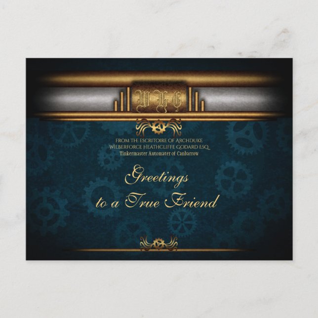 Cartão Postal Monograma com Deco Vestido, latão e azul profundo (Frente)