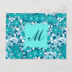 Cartão Postal Monograma com flores - azul e branco