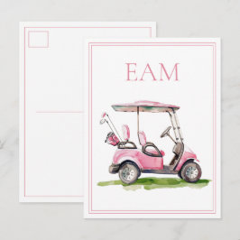 Cartão Postal Monograma de Carrinho de Golfe Rosa Elegante