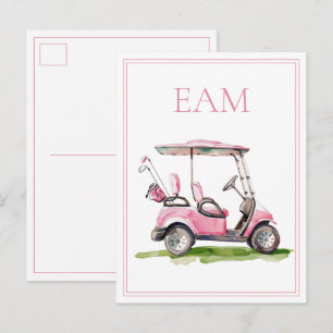 Cartão Postal Monograma de Carrinho de Golfe Rosa Elegante
