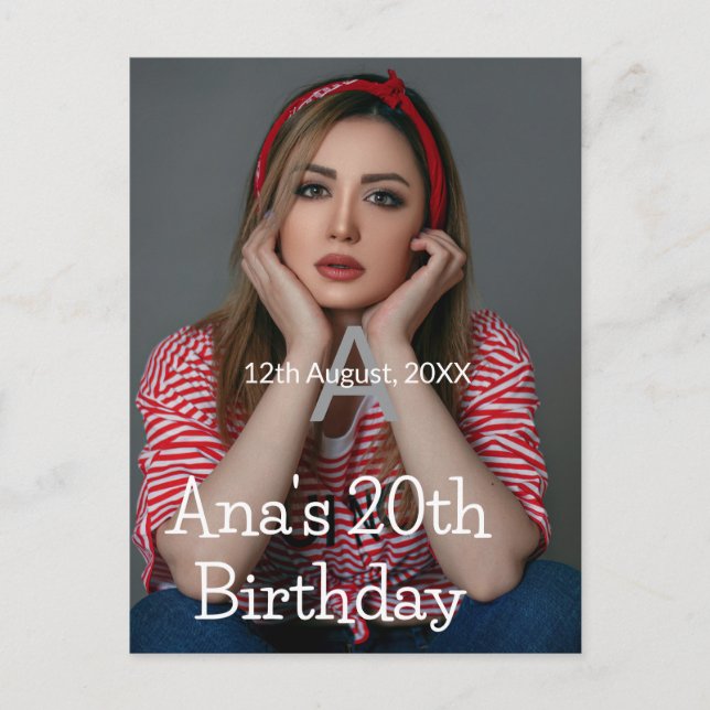 Cartão Postal Monograma de foto feliz 20º aniversário cinza bran (Frente)