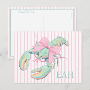 Cartão Postal Monograma de Lagosta em Aquarela Pastel Elegante
