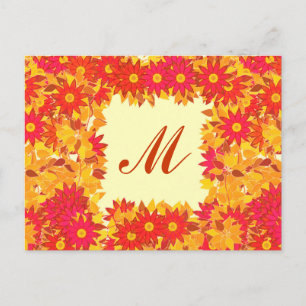 Cartão Postal Monograma emoldurado com flores - vermelho e doura
