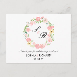 Cartão Postal Monograma Floral Wreath Casamento Obrigado Cartaz