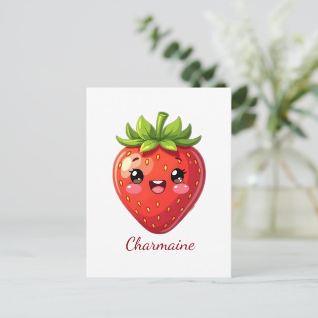 Cartão Postal Monograma morango kawaii fofo (Em pé/Frente)