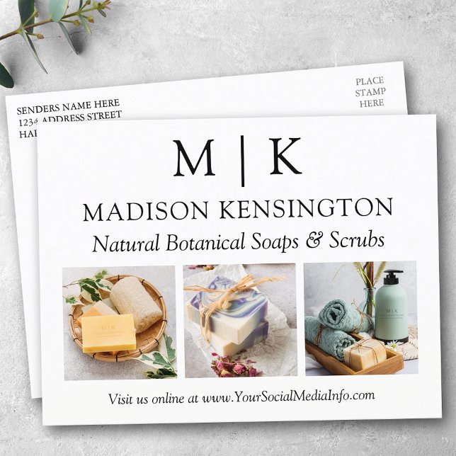 Cartão Postal Monograma ou Adicionar Logotipo Negócios 3 Fotos (Edit to Customize text, colors and more.)