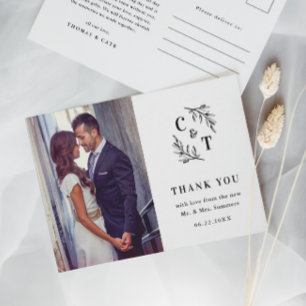 Cartão Postal Monograma preto e branco Elegante Obrigado