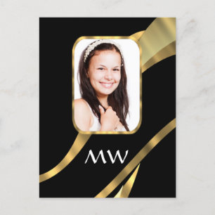 Cartão Postal Monograma preto e dourado