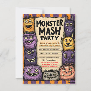 Cartão Postal "Monster Mash Party" com monstros bonitos