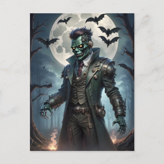 Cartão Postal Monstro de Frankenstein Steampunk do Halloween (Frente)