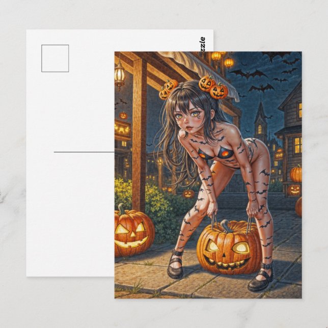 Cartão Postal Monstro do Halloween Jack-o-Lantern & Garota Vixen (Frente/Verso)