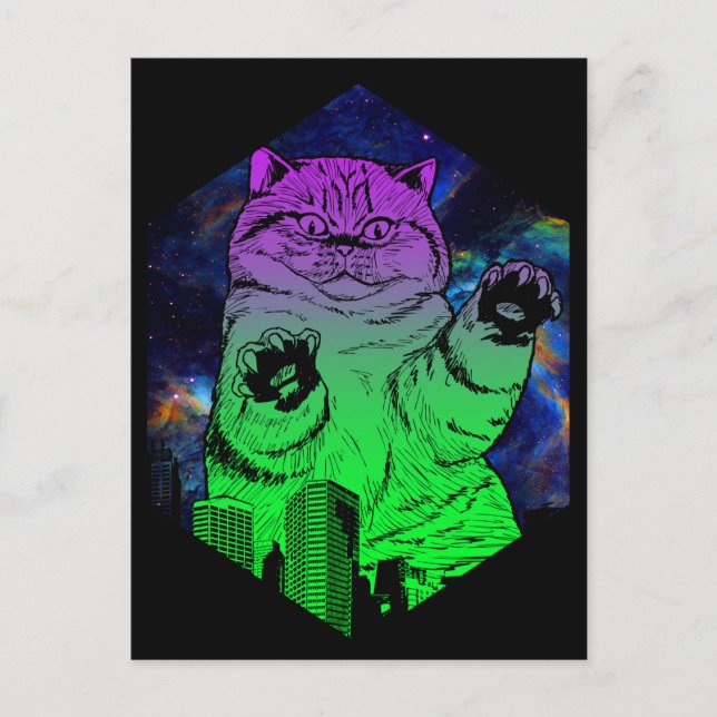 Cartão Postal Monstro Gigante Ataques Catzilla Cat Skyline (Frente)