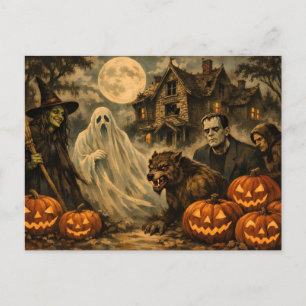 Cartão Postal Monstros do Halloween, Bruxa, Casa Assombrada, Abó