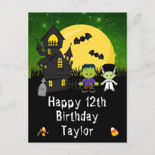 Cartão Postal Monstros do Halloween Verde Feliz Aniversário