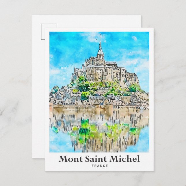 Cartão Postal Mont Santo Michel France Viagem Watercolor Art (Frente/Verso)