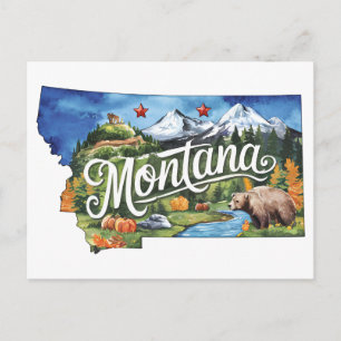 Cartão Postal Montana EUA Estado Formato Aquarela Vintage