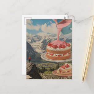 Cartão Postal Montanha de Bolo de Morango Arte Surrealista Retro
