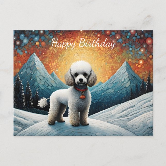Cartão Postal Montanha de Neve de Poodle Fofo Feliz Aniversário (Frente)