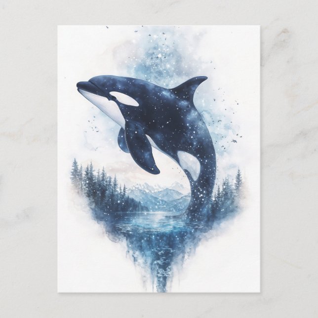 Cartão Postal Montanha Florestal da Baleia Orca Estrelada (Frente)