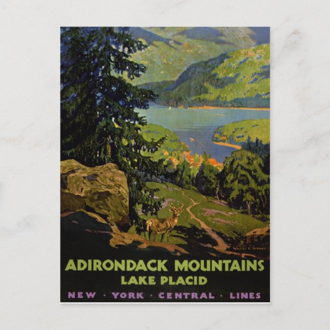 Cartão Postal Montanhas Adirondack Lago Poster vintage Placídico (Frente)