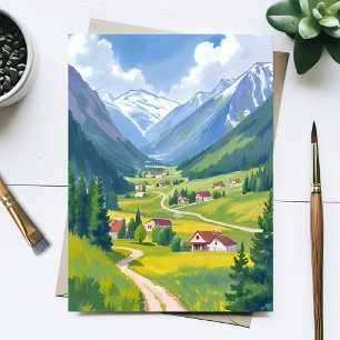 Cartão Postal Montanhas de Aquarela dos Alpes Suíços Pintura de 